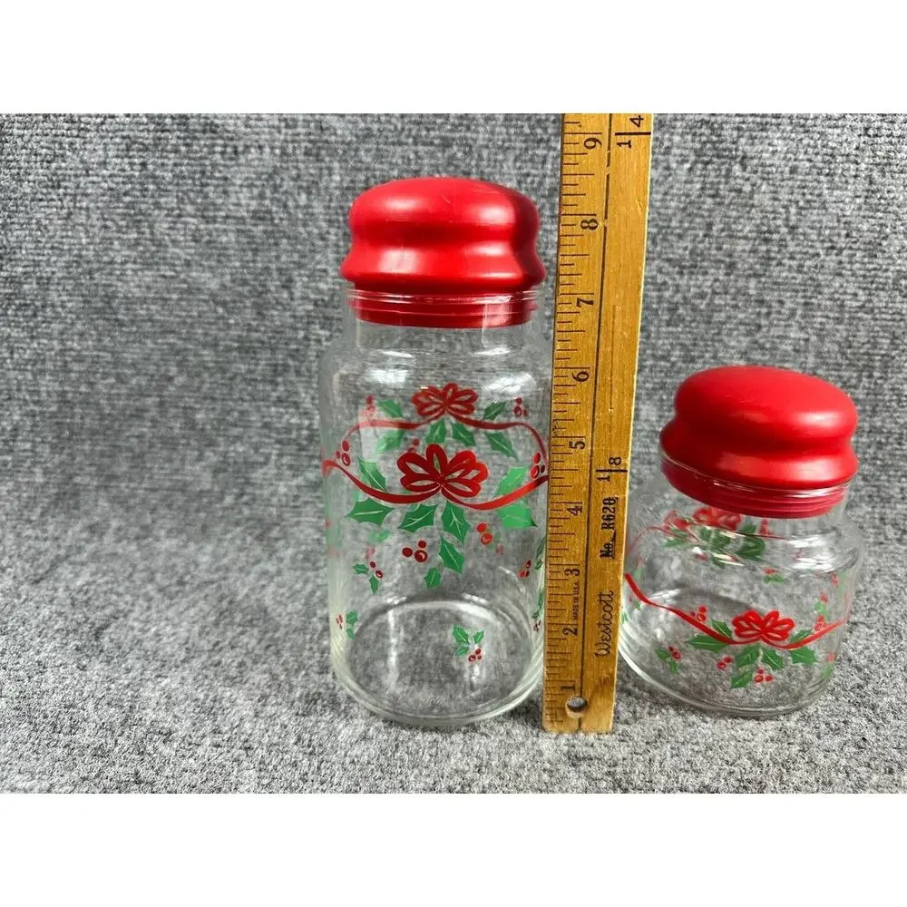 Corning Christmas Glass Jars Set of 2 Red Lids Holiday Storage Canisters
